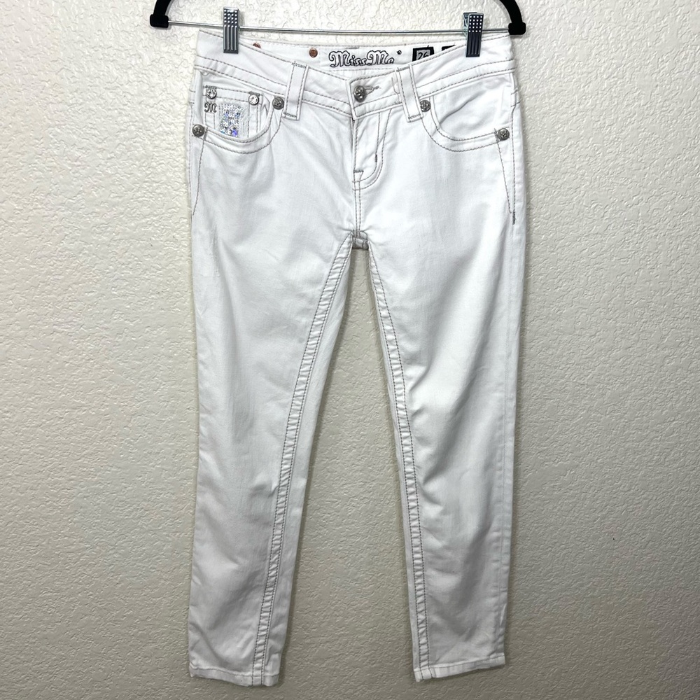 Miss Me Signature Skinny White Sequin Jeans Cropped Low Rise Size 26